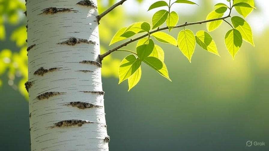 Close-up of a white birch tree trunk with vibrant green leaves, softly illuminated by sunlight, set against a blurred green background.