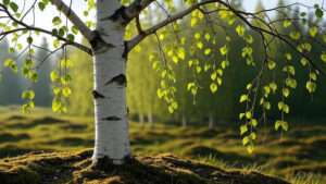 A birch tree with vibrant green leaves stands against a serene woodland backdrop, illuminated by soft, warm sunlight.