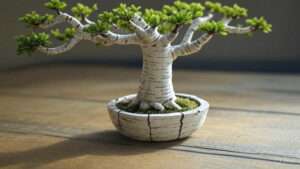 A small bonsai tree with vibrant green leaves, sitting in a textured white pot on a wooden surface.