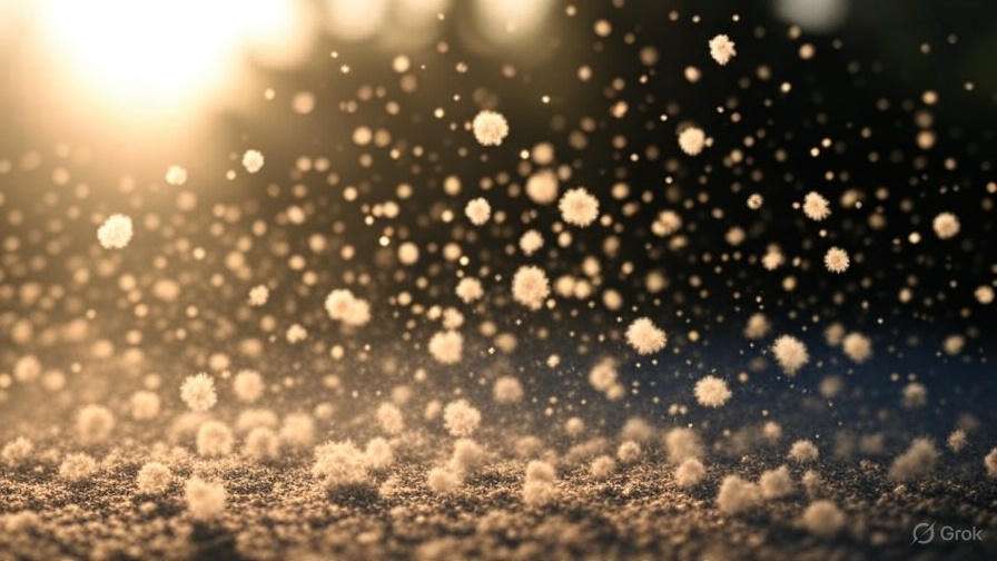 Soft glowing particles float gracefully in a sunlit atmosphere, creating a serene and dreamy background effect.