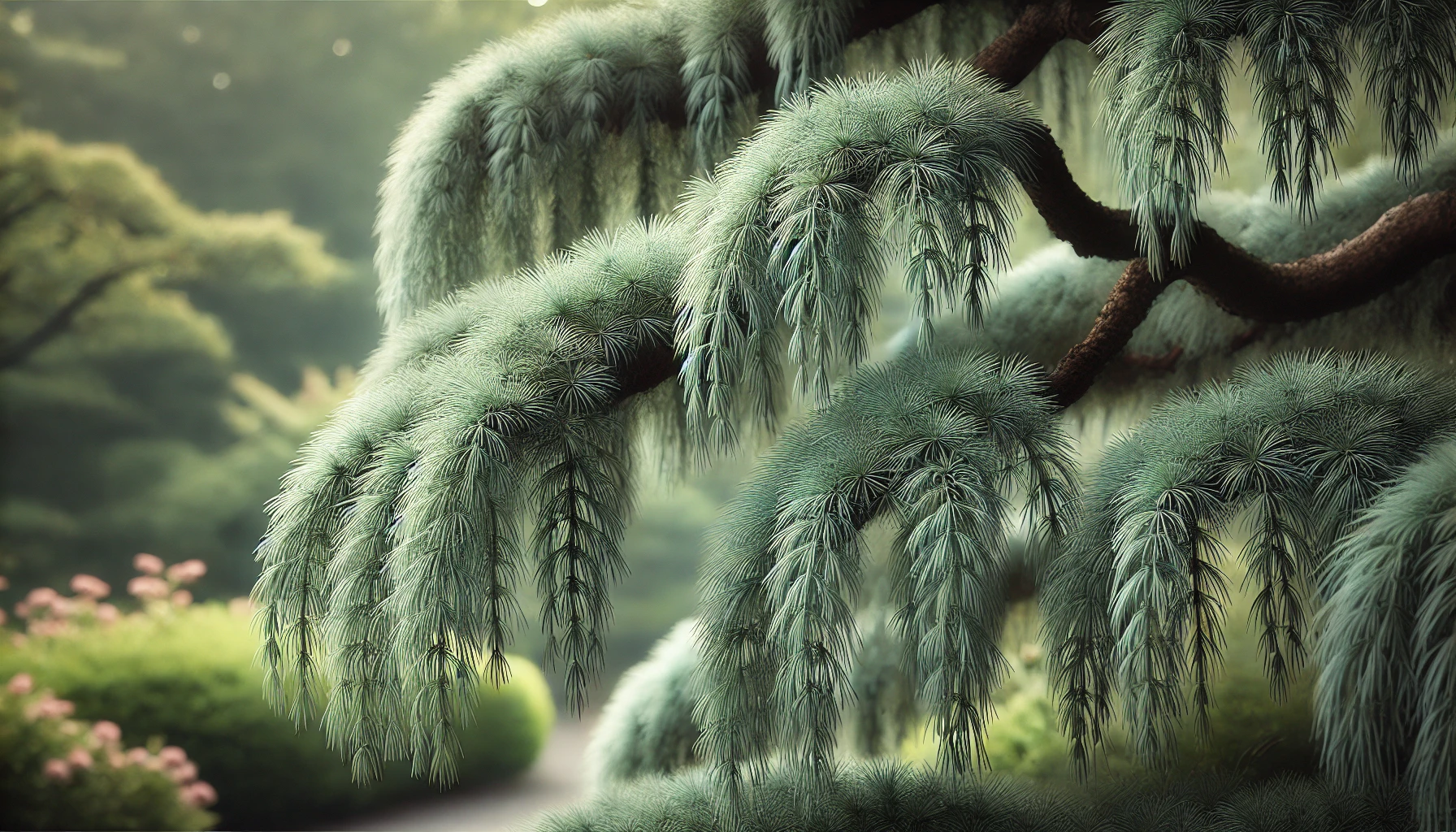 Close-up of lush, soft blue-green branches of a conifer tree, creating a serene atmosphere amidst a blurred garden background.