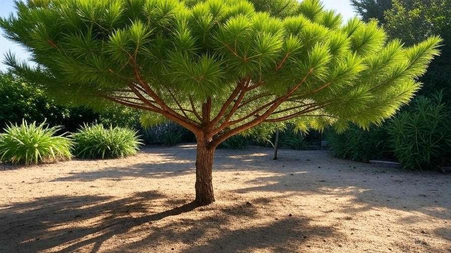 A vibrant, green pine tree with a broad canopy stands in a sandy area, surrounded by lush plants in the background.