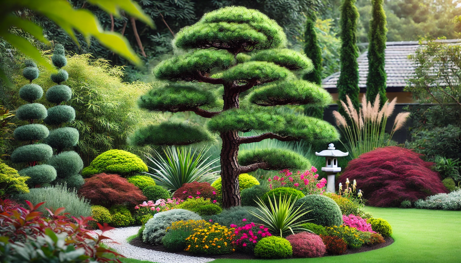 A serene garden featuring a large, sculpted pine tree, colorful flowers, lush greenery, and a traditional stone lantern.
