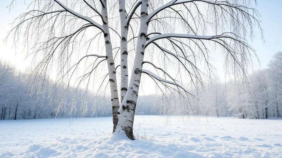 A solitary birch tree with bare branches stands in a serene, snow-covered landscape under a pale winter sky.