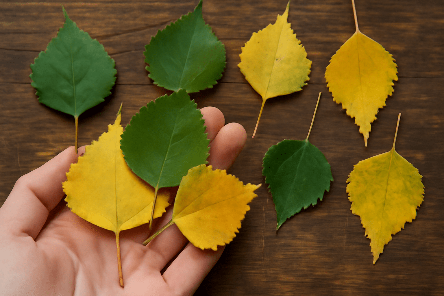 A hand holds colorful green and yellow leaves against a rustic wooden background, showcasing the beauty of autumn foliage.