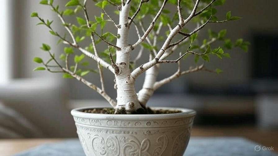 A small potted tree with vibrant green leaves and textured white branches, sitting in an ornate ceramic pot.
