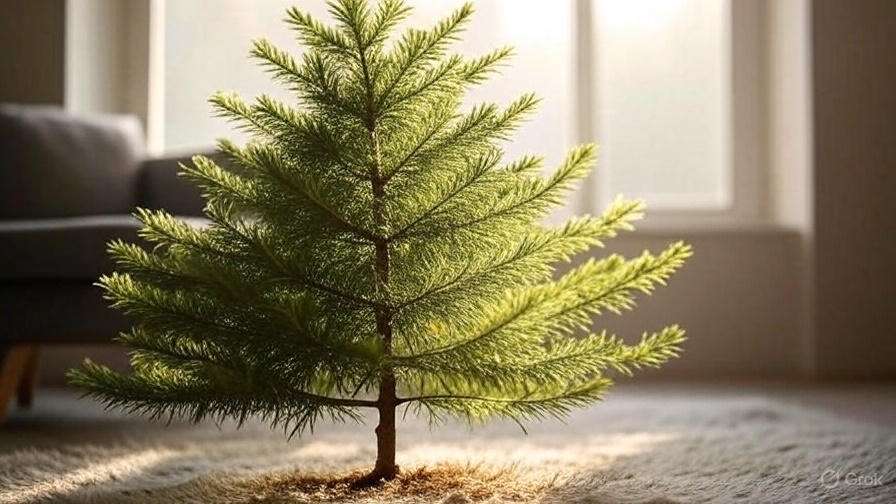 A small, lush evergreen tree stands on a soft rug, illuminated by bright sunlight streaming through a window.