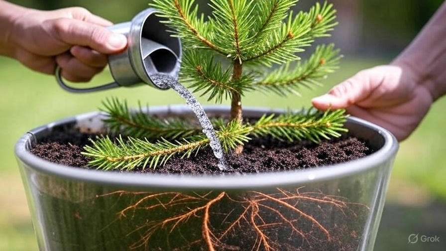 A person waters a small pine tree in a pot, showcasing fresh greenery and rich, dark soil in a sunny, outdoor setting.