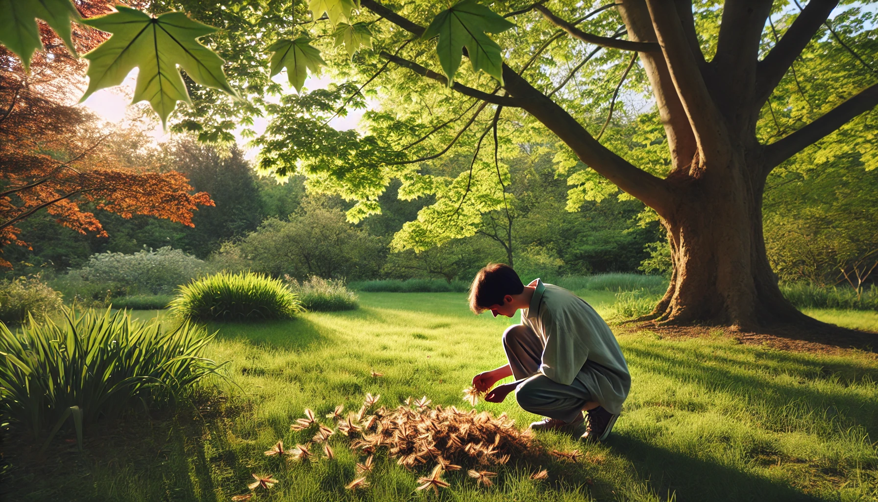 A person kneels in a sunlit meadow, closely examining a pile of butterfly wings surrounded by lush greenery and vibrant trees.