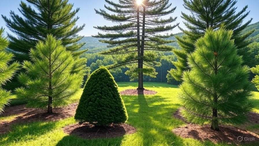 A serene landscape featuring tall pines and a lush green field, with sunlight streaming through the trees and a hill in the background.