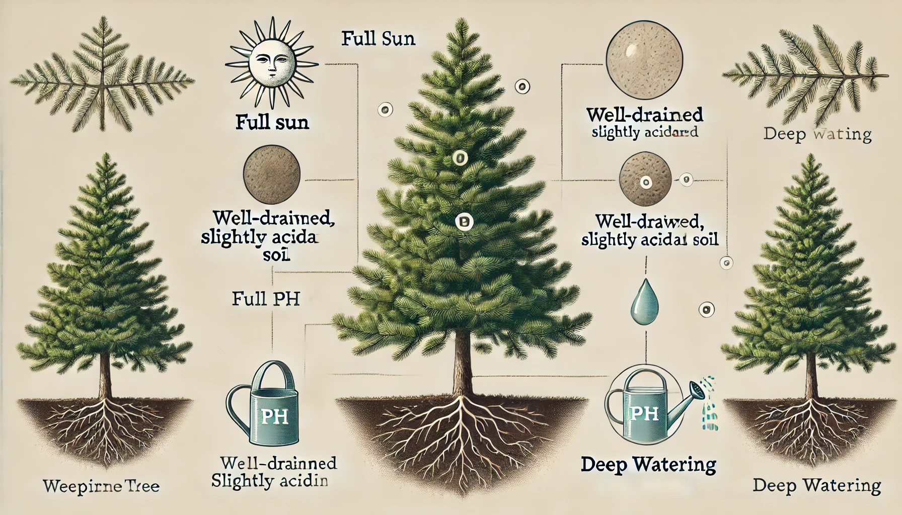 Illustration of a Weeping Pine tree with care instructions, including sunlight, soil type, pH levels, and watering guidelines.