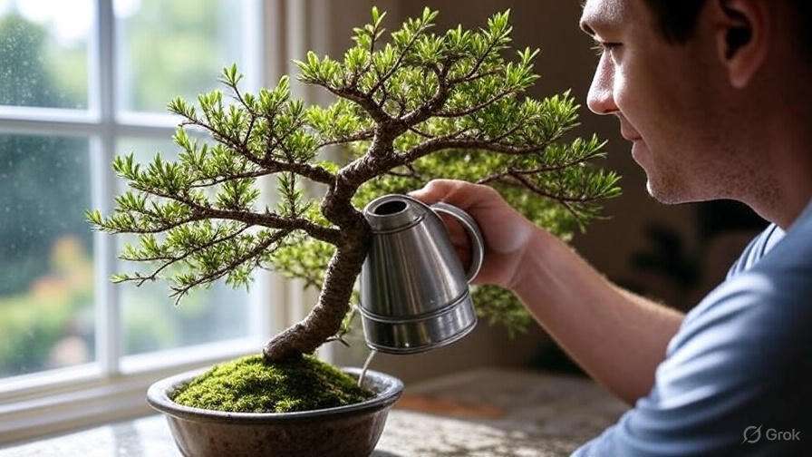 A person gently waters a lush bonsai tree in a decorative pot, sunlight streaming through a nearby window.