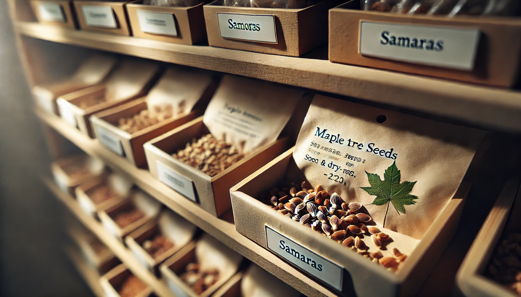 A wooden shelf filled with labeled boxes of seeds, prominently featuring Maple tree seeds with a green leaf illustration.