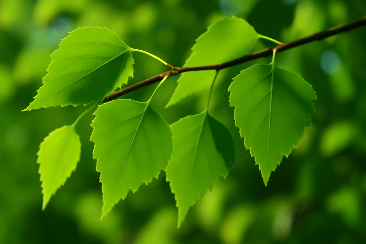 A close-up of vibrant green birch leaves on a slender branch, surrounded by a soft-focus background of lush foliage.