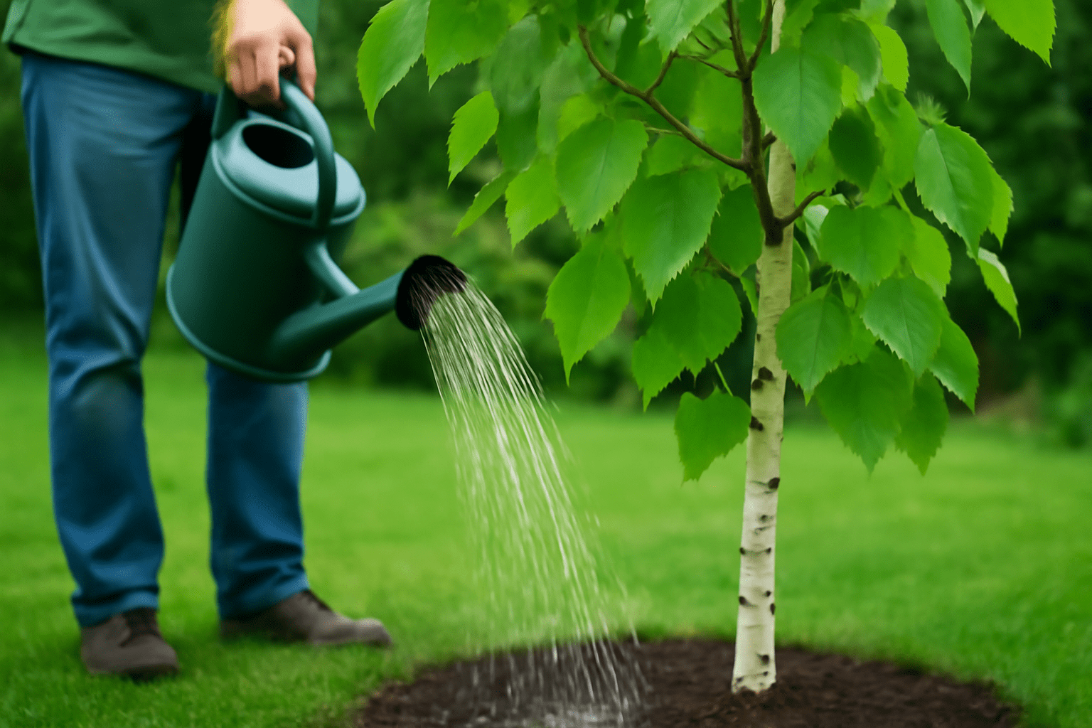 A person waters a young tree with a green watering can, surrounded by lush grass and healthy green leaves in a garden setting.