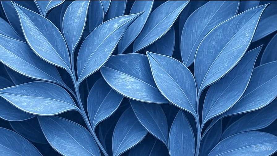A close-up view of overlapping blue leaves with a soft texture and intricate vein details, creating a calming, organic pattern.
