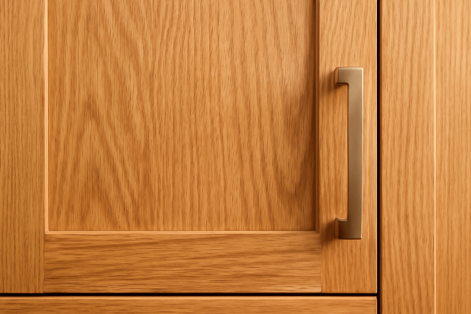 Close-up of a polished wooden cabinet door with a sleek metal handle, showcasing a warm oak finish and fine grain details.