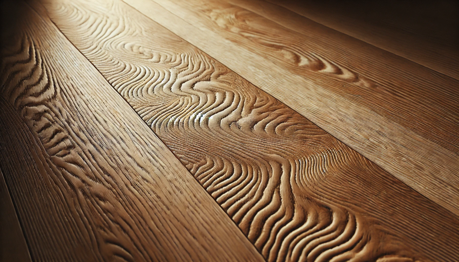 Close-up of polished wooden floor planks, showcasing intricate grain patterns and textures illuminated softly.