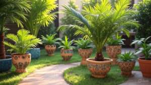 Lush green potted plants arranged on a pathway, surrounded by vibrant grass and bathed in warm sunlight.