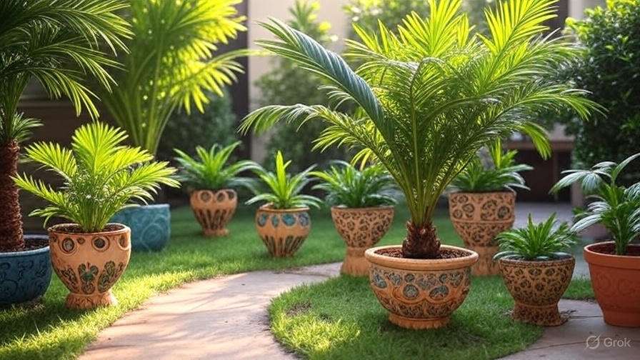 Lush green potted plants arranged on a pathway, surrounded by vibrant grass and bathed in warm sunlight.