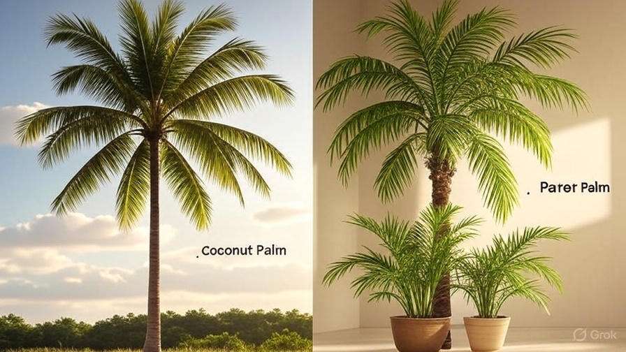 Side-by-side comparison of a tall Coconut Palm against a shorter Parlor Palm in a well-lit setting.