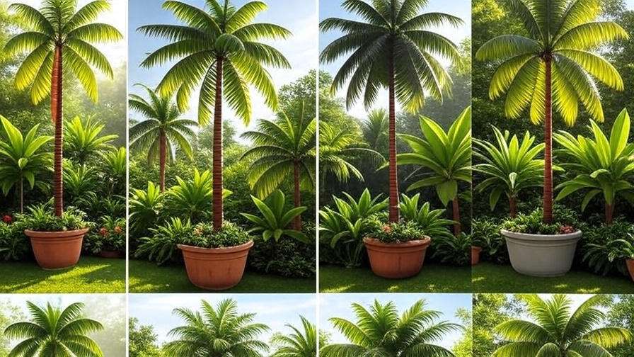 A lush tropical landscape featuring several tall palm trees in decorative pots, surrounded by vibrant green foliage under a bright sky.