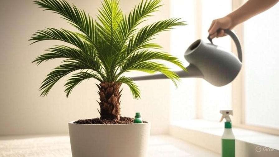 A hand waters a lush green palm in a modern pot, with cleaning supplies nearby, in a bright, sunlit room.