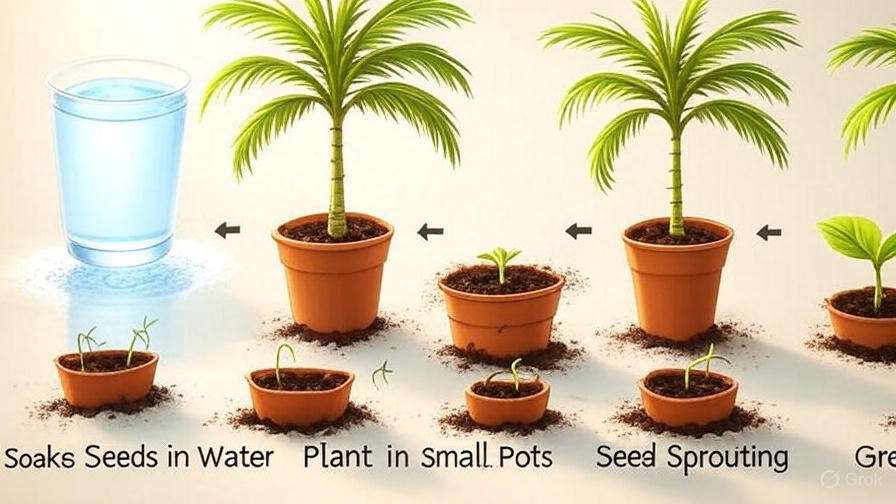 A visual guide illustrating seed germination: soaking seeds, planting, sprouting, and growing into palm-like plants in pots.