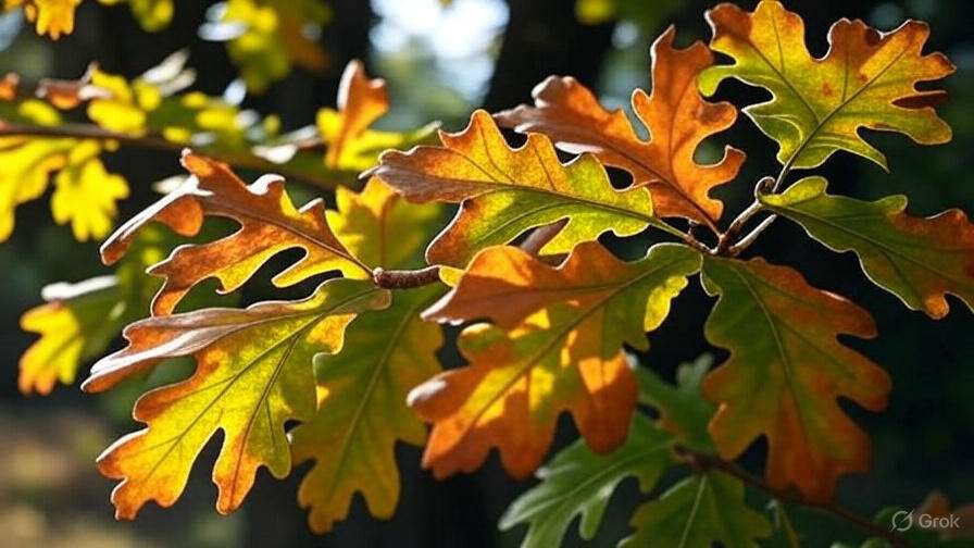 Close-up of vibrant oak leaves in shades of green, yellow, and orange, illuminated by sunlight against a blurred natural background.