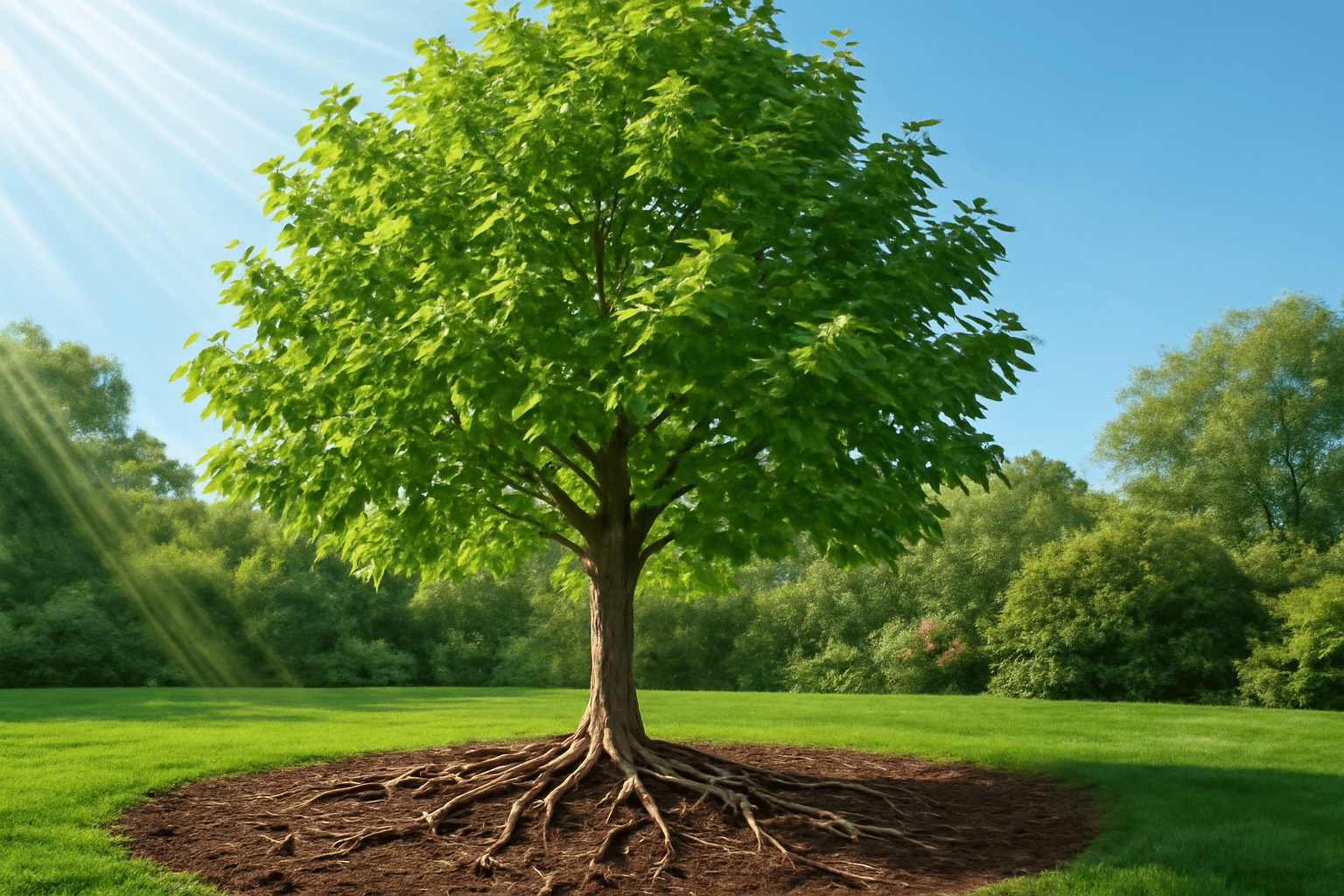 A lush, green tree with visible roots stands in a sunny field, surrounded by vibrant foliage and a clear blue sky.