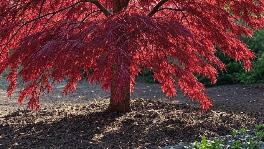 A vibrant red Japanese maple tree with delicate, feathery leaves casts shadows on dark mulch. Lush greenery is visible in the background.