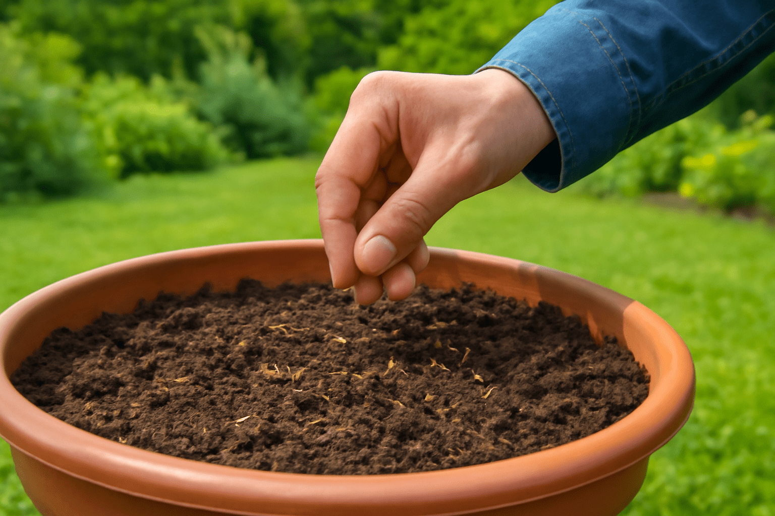 A hand sprinkles seeds into a large terracotta pot filled with dark soil. The background shows a lush, green garden, conveying a sense of growth and renewal.