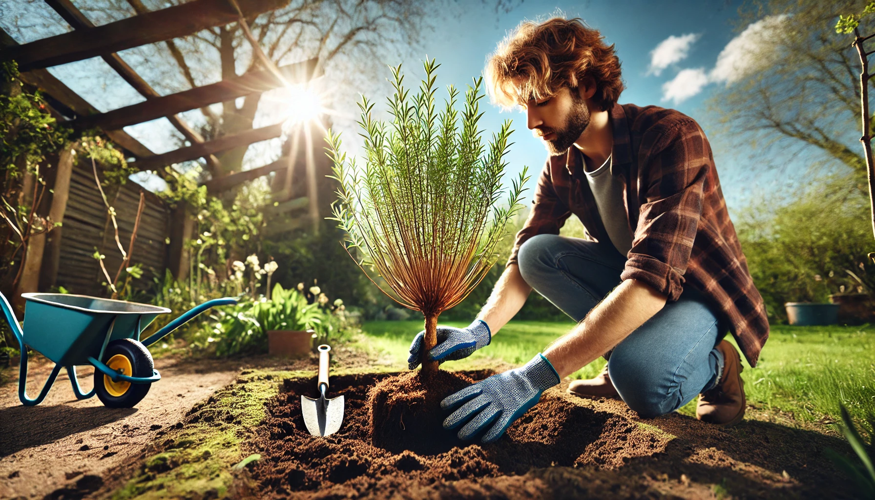 A person kneeling in a garden, planting a young tree while wearing gloves; a wheelbarrow and spade are visible nearby, with sunlight filtering through.
