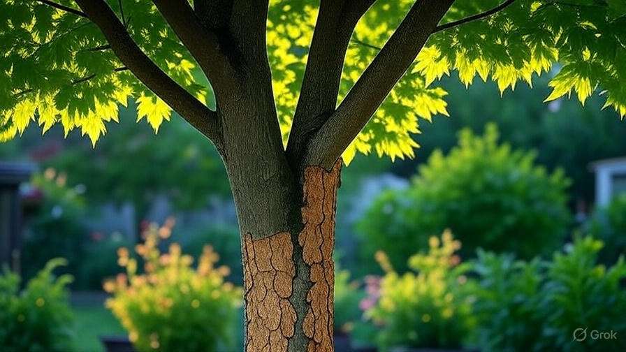 A close-up of a tree trunk with textured bark and vibrant green leaves, surrounded by softly blurred greenery in the background.