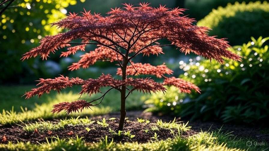 A vibrant red Japanese maple tree stands elegantly in a lush garden, illuminated by soft sunlight, surrounded by green foliage.