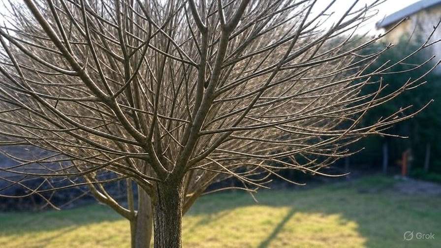 A bare tree with intricate, branching limbs stands in a sunlit yard, surrounded by green grass and blurred foliage in the background.