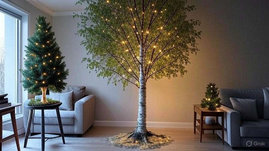 A cozy living room features a large illuminated tree beside a small decorated tree on a table, enhancing the festive ambiance.