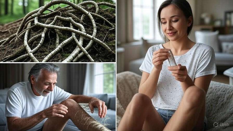 A collage featuring intertwined roots, a man examining his leg, and a woman holding a small vial in a cozy indoor setting.