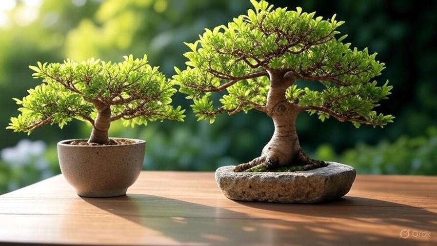 Two lush bonsai trees, one in a round pot and the other on a stone base, sit on a wooden table with a green backdrop.