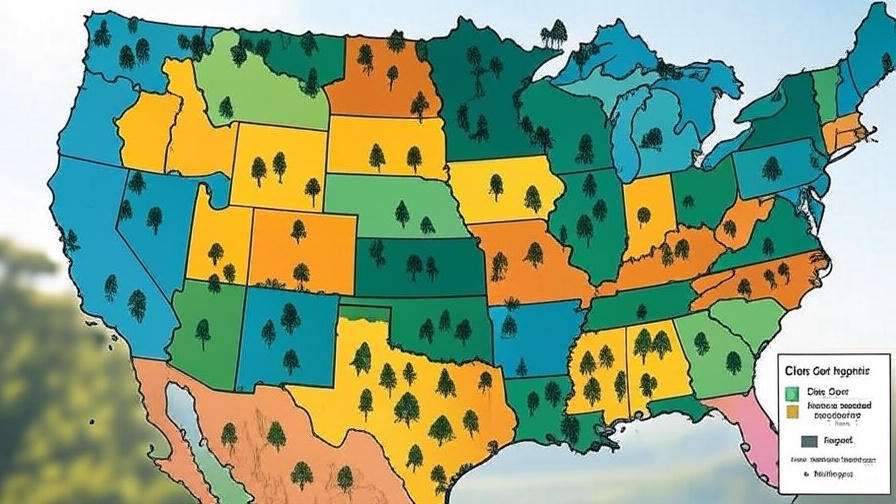 A colorful map of the United States depicting various tree species distributions, categorized by state and color-coded legend.