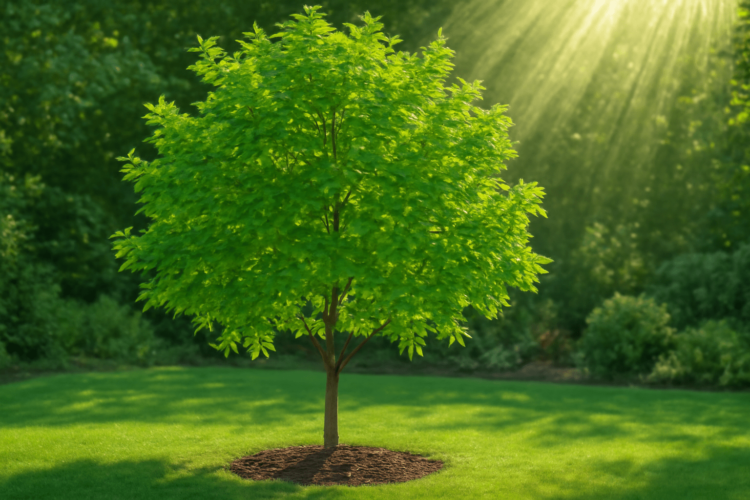 A vibrant green tree shines under soft sunlight, surrounded by lush grass and blurred greenery in the background.