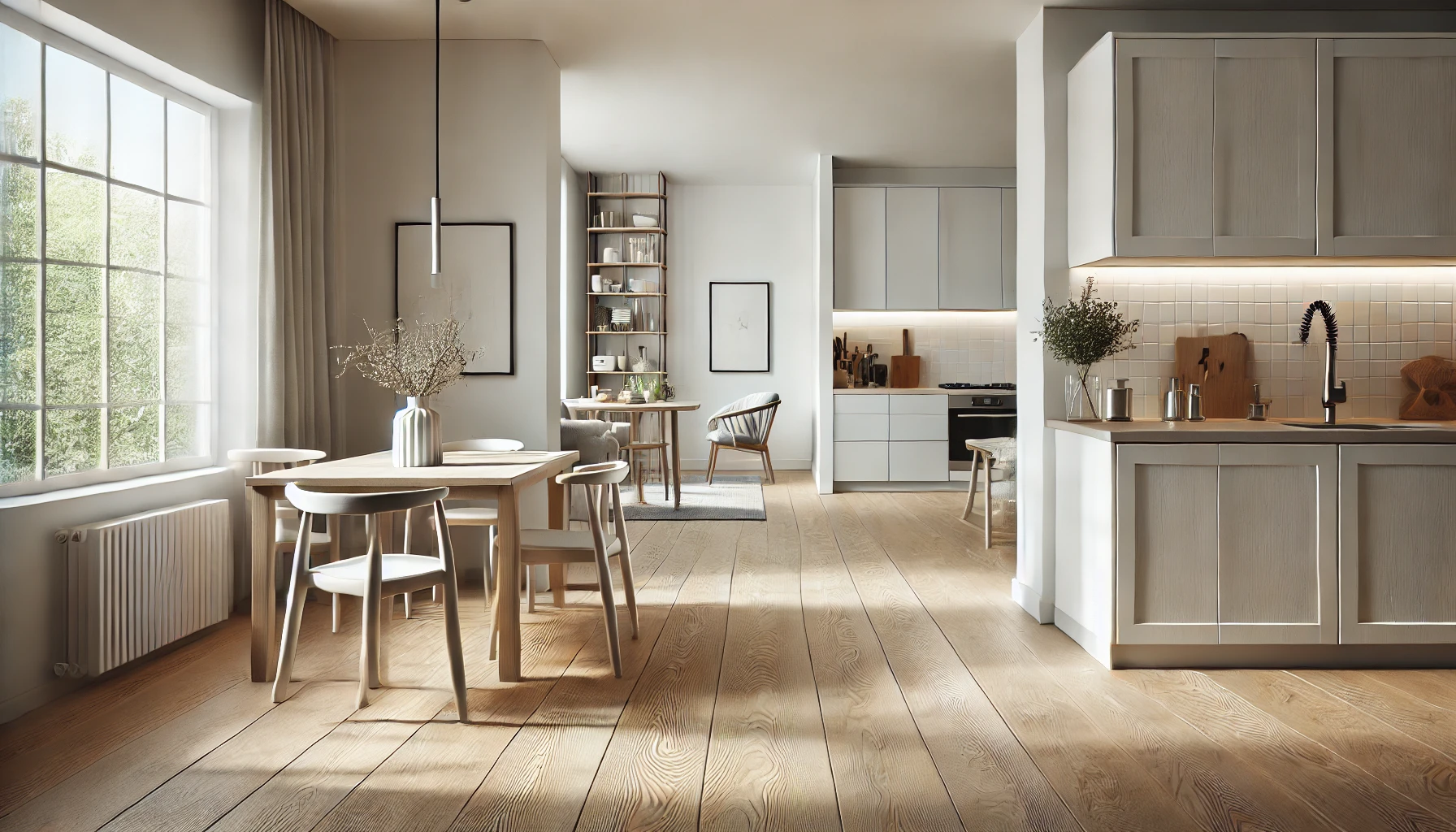 Bright, modern kitchen and dining area with light wood floors, a large window, minimalist decor, and a cozy dining table.