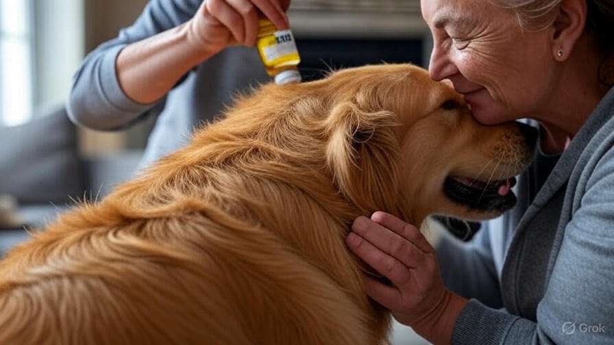 An elderly woman affectionately nuzzles a golden retriever's head as another person gently applies ear drops. The scene conveys warmth and care.