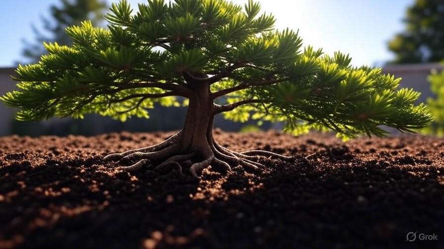 A small green plant with spreading branches and exposed roots grows in rich, dark soil. Sunlight filters through its leaves, creating a serene, hopeful atmosphere.