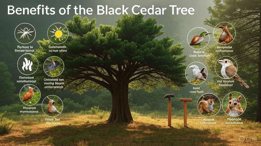 Alt text: "A Black Cedar tree stands in a sunlit forest, surrounded by circles showing its benefits to wildlife. Various animals like birds and squirrels are depicted around the tree, with captions written in an unidentified language. The tone is educational and harmonious."
