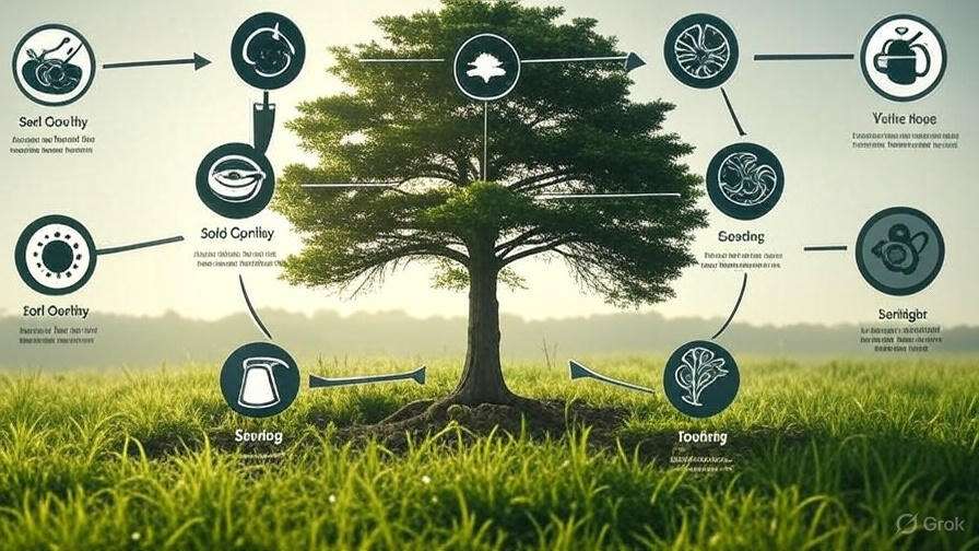 Infographic of a tree surrounded by circular icons representing growth stages. Arrows connect icons to the tree. Set in a lush, green field.