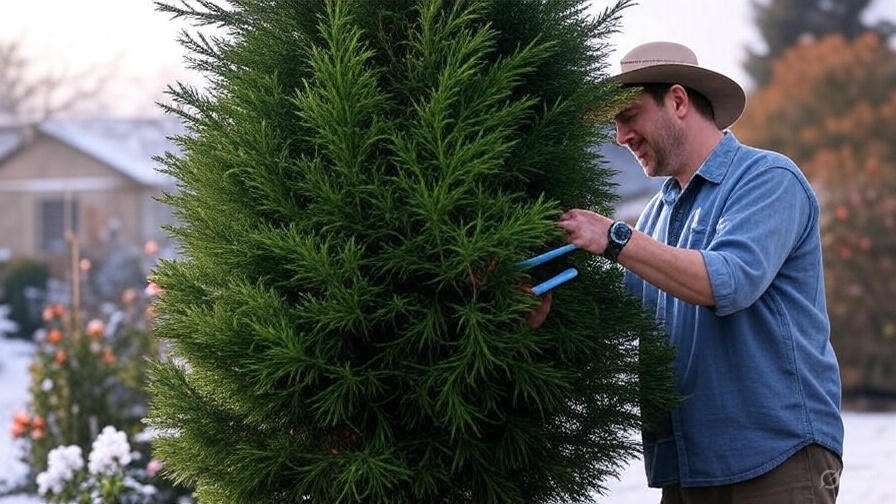 Man in a blue shirt and wide-brimmed hat trims a lush green pine tree with blue shears in a garden setting, conveying a sense of calm and focus.