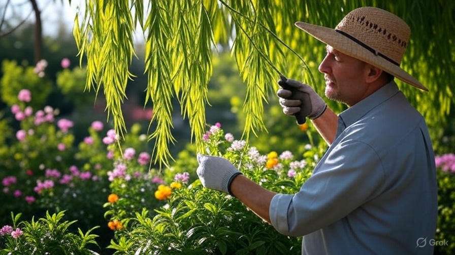 A gardener in a straw hat examines lush green leaves under bright sunlight. Surrounding him are colorful flowers, creating a tranquil, vibrant scene.