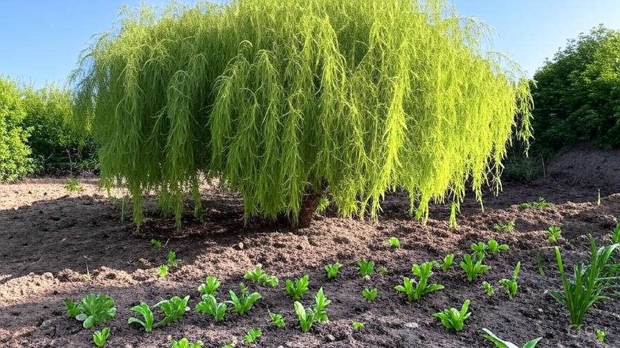 A lush, weeping willow tree shades a small vegetable garden with vibrant green seedlings growing in freshly tilled soil.