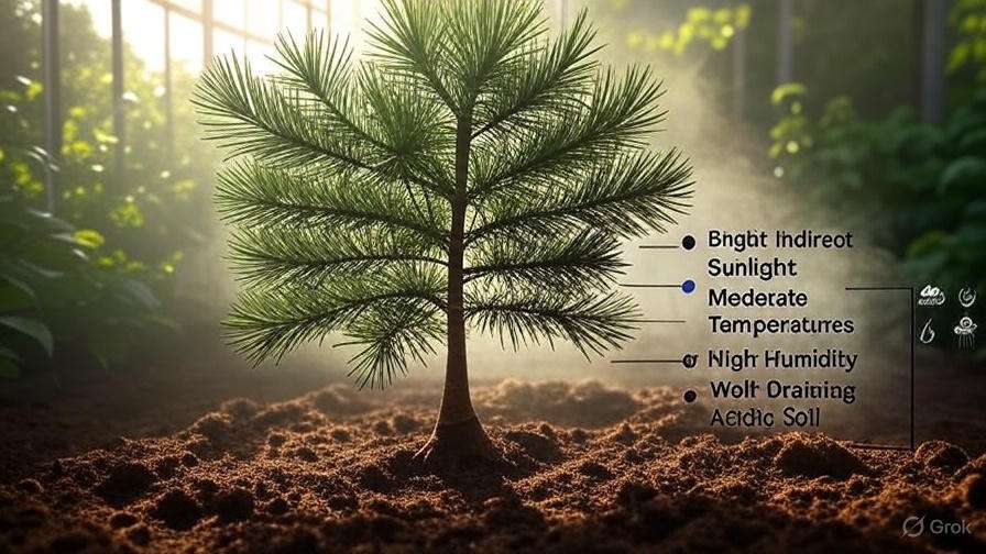 A young pine tree thriving in bright indirect sunlight, surrounded by moist soil, showcasing optimal growth conditions.